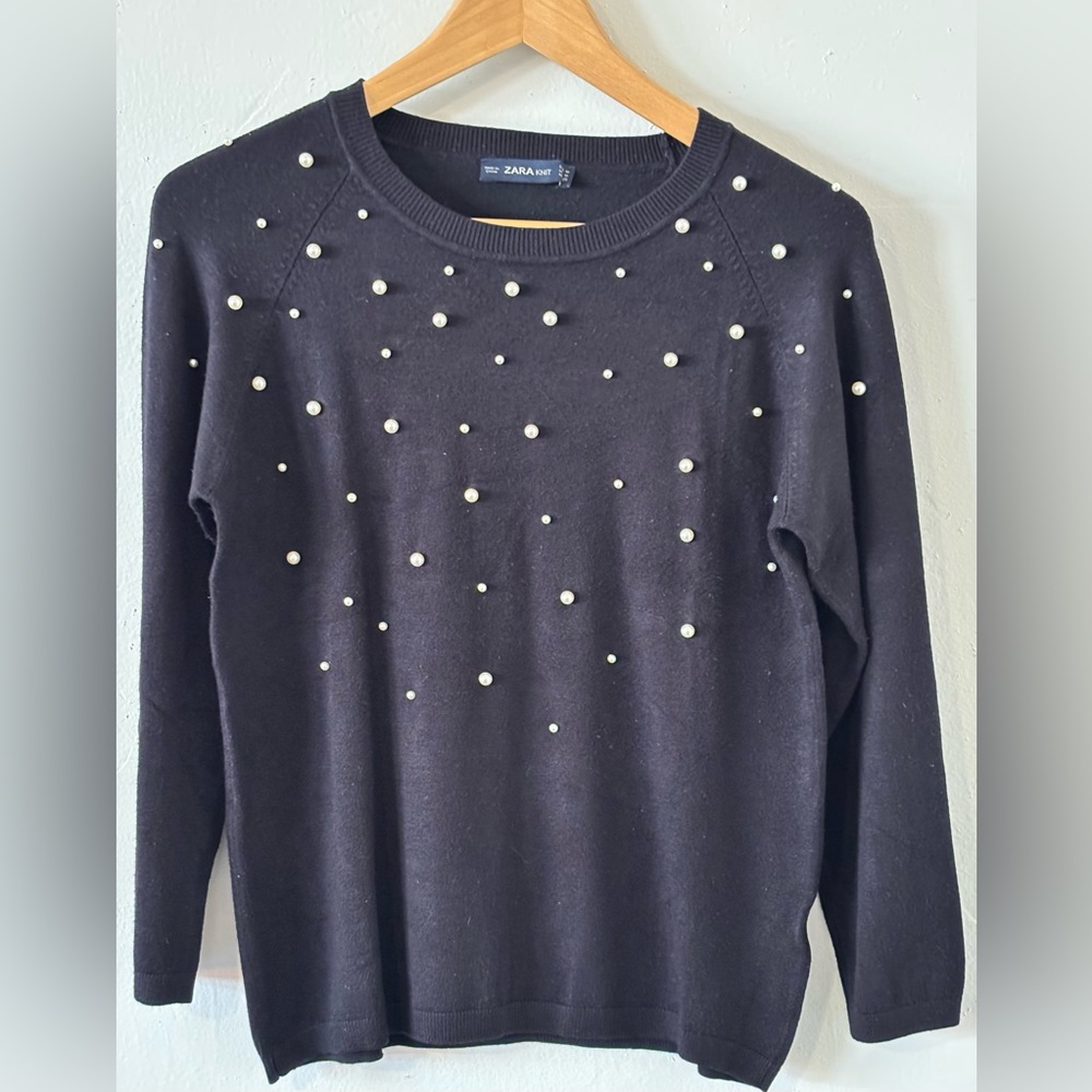 🌸 ZARA Knit Black Pullover Pearl Sweater Women’s Size Medium